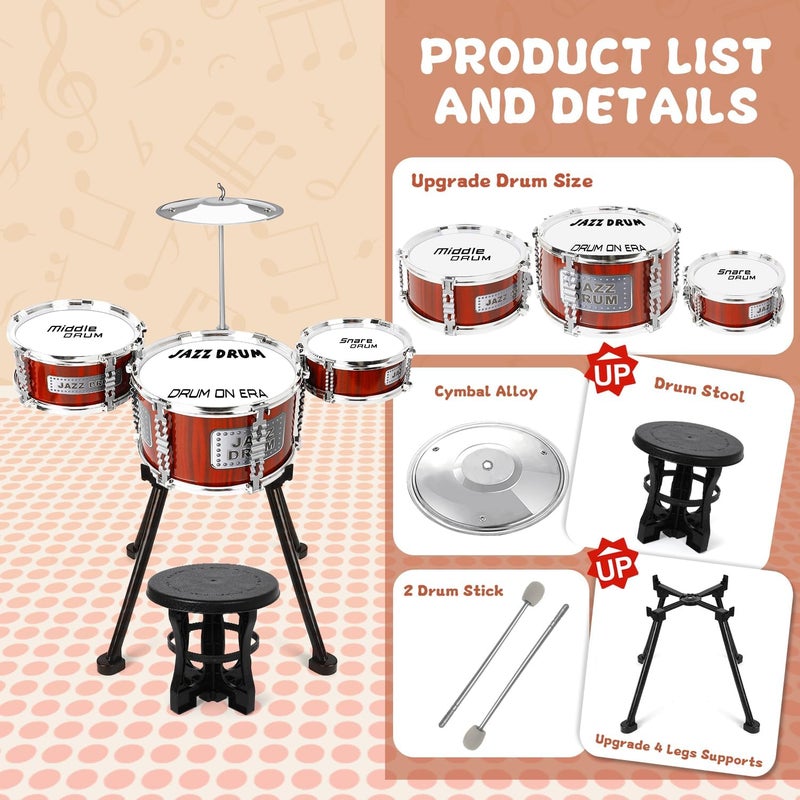 TWFRIC Kids Drum Set Music Toy Drum Set for Toddlers Ages 3-5 Jazz Drums Kit with Stool, 3 Drums Percussion Musical Instruments Toys for 3 4 5 Year Old Boys Girls Gifts - Image 3